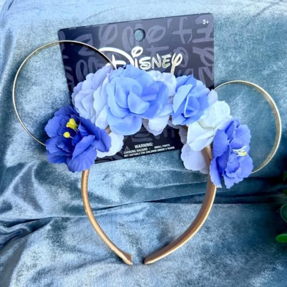 Disney Minnie Mouse Floral Ear Headband Gold Blue White New